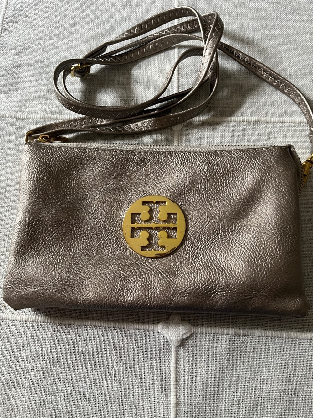 DESIGNER INSPIRED Metallic Taupe Leather Crossbody with Gold Logo